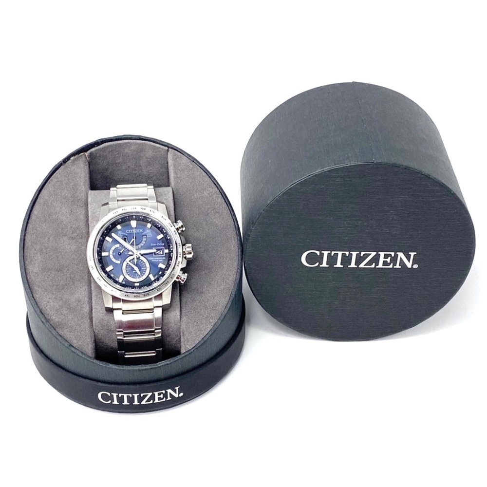 Citizen Eco-Drive World Time A-T Bracelet Watch Solar Silver-Toned w/ Blue Face - Picture 2 of 13